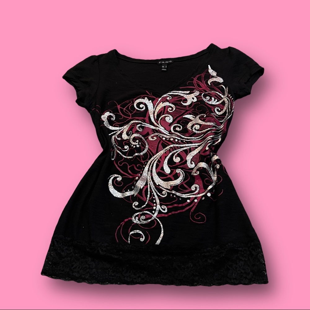 FANG sparkle Y2k swirl shirt.